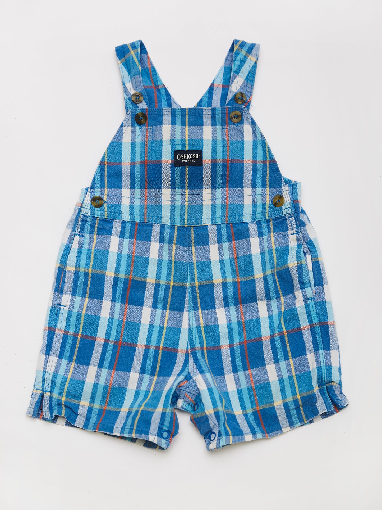 OshKosh Blue Plaid Short Dungarees // 12 Months