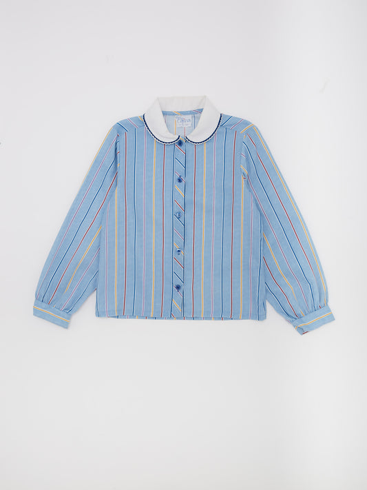 Rainbow Striped Blue Shirt with Frill Collar // 8 Years