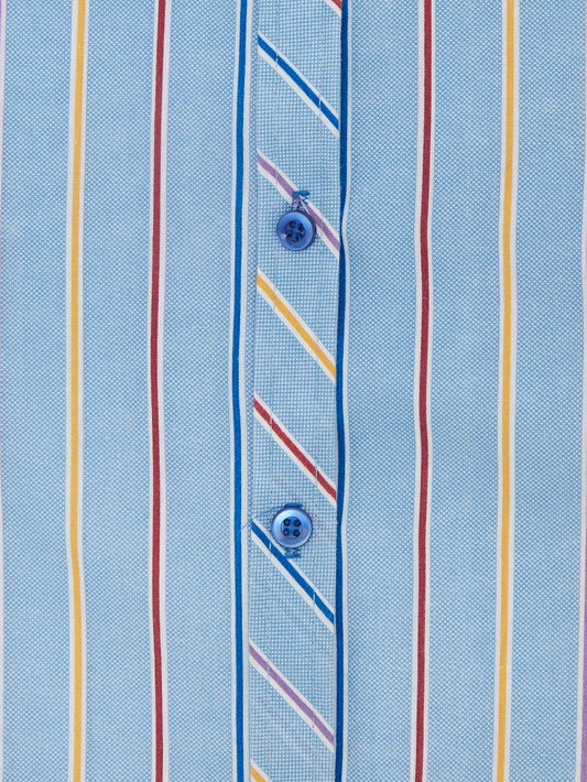 Rainbow Striped Blue Shirt with Frill Collar // 8 Years