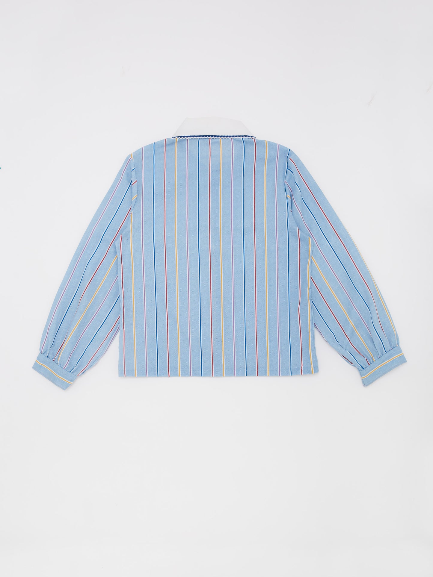 Rainbow Striped Blue Shirt with Frill Collar // 8 Years